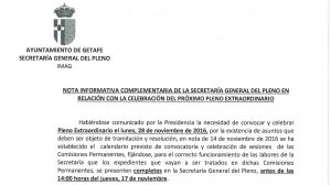 Nota remitida por la secretaria del Pleno a los grupos municipales
